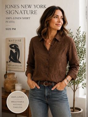 Jones New York 100% Linen Embroidered Brown Button Down Shirt Petite M